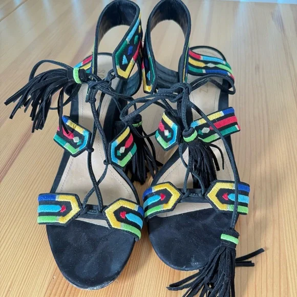 Schutz Heeled Sandals Embroidered with Tassels Boho 8.5 - Picture 2 of 9